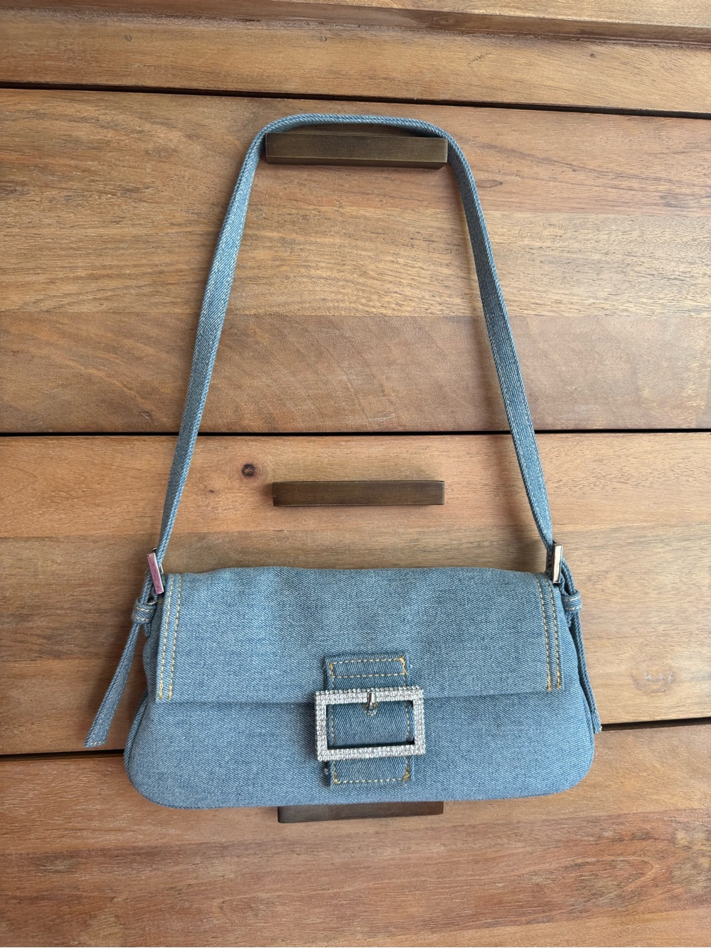 Mango Denim Blue Shoulder Bag with Rhinestone Buckle